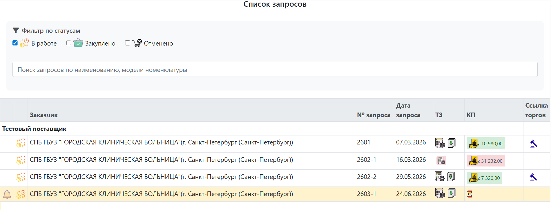 Список запросов поставщика
